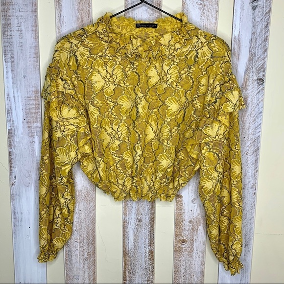 Zara Mustard Yellow Lace Ruffled Crop Blouse - Picture 2 of 7